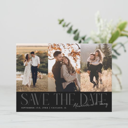 Modern Multi Photo Couple's Signature Black Save The Date (Staand voorkant)
