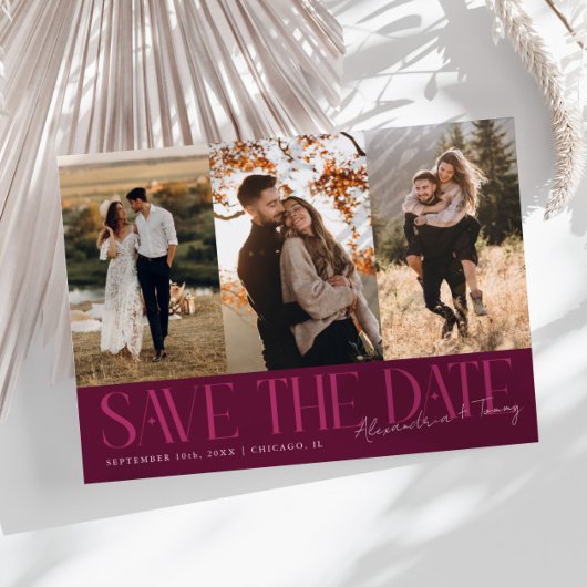 Modern Multi Photo Couple's Signature Cranberry Save The Date