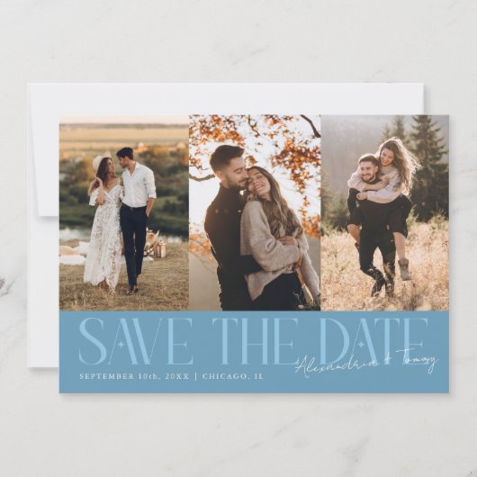 Modern Multi Photo Couple's Signature Denim Blue Save The Date (Voorkant)