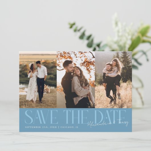 Modern Multi Photo Couple's Signature Denim Blue Save The Date (Staand voorkant)