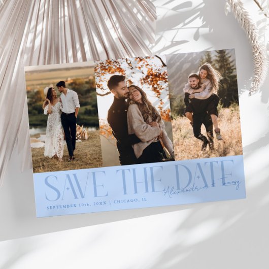 Modern Multi Photo Couple's Signature Icy Blue Save The Date