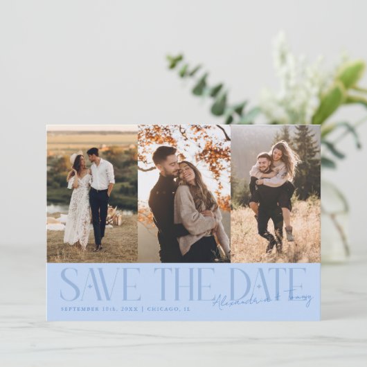 Modern Multi Photo Couple's Signature Icy Blue Save The Date (Staand voorkant)