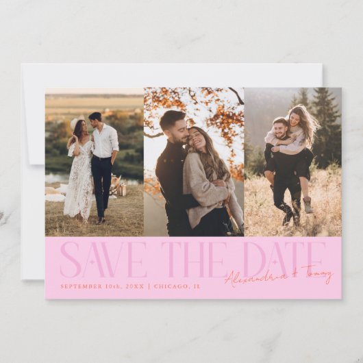 Modern Multi Photo Couple's Signature Orange Pink Save The Date (Voorkant)