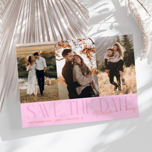 Modern Multi Photo Couple's Signature Orange Pink Save The Date