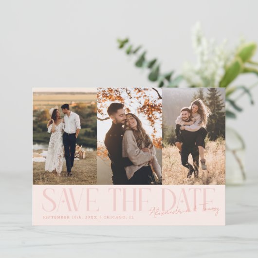 Modern Multi Photo Couple's Signature Peach Save The Date (Staand voorkant)