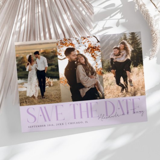 Modern Multi Photo Couple's Signature Purple Save The Date