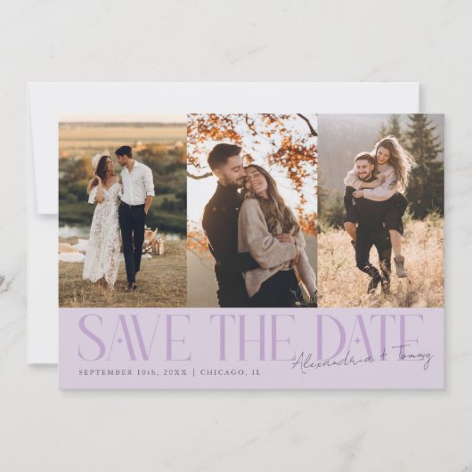 Modern Multi Photo Couple's Signature Purple Save The Date (Voorkant)