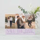 Modern Multi Photo Couple's Signature Purple Save The Date (Staand voorkant)