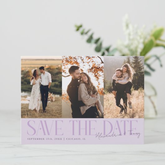 Modern Multi Photo Couple's Signature Purple Save The Date (Staand voorkant)