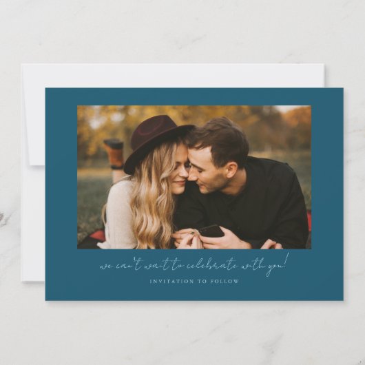 Modern Multi Photo Couple's Signature Teal Save The Date (Achterkant)
