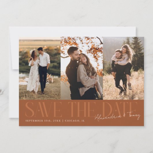 Modern Multi Photo Couple's Signature Terracotta Save The Date (Voorkant)