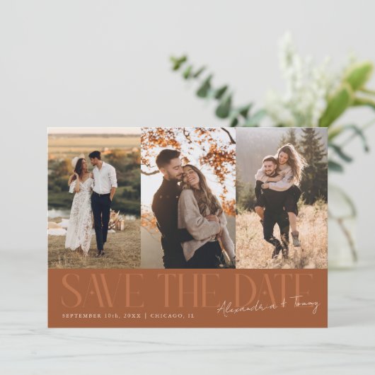 Modern Multi Photo Couple's Signature Terracotta Save The Date (Staand voorkant)