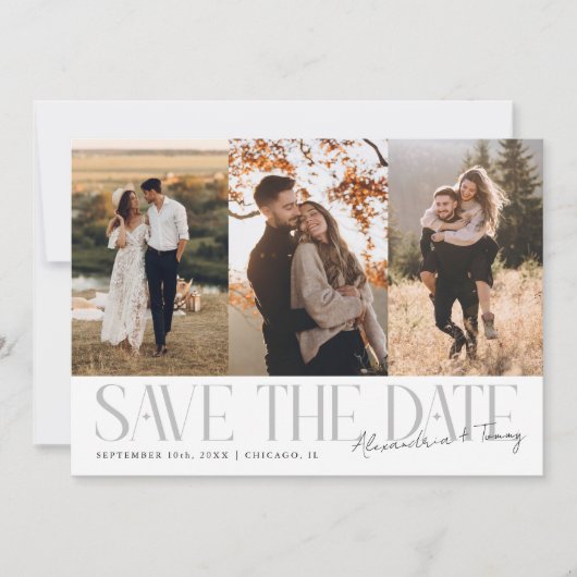 Modern Multi Photo Couple's Signature White Save The Date (Voorkant)