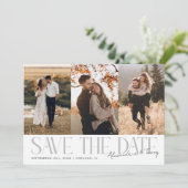 Modern Multi Photo Couple's Signature White Save The Date (Staand voorkant)