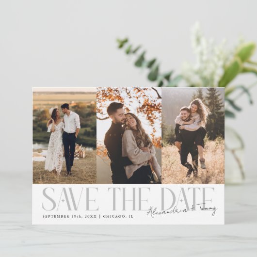 Modern Multi Photo Couple's Signature White Save The Date (Staand voorkant)