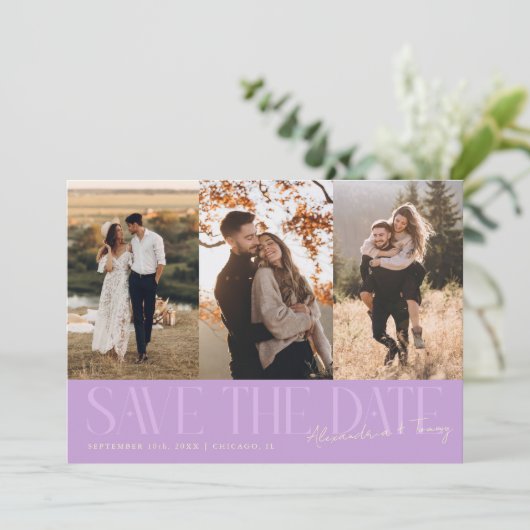 Modern Multi Photo Couple's Signature Wisteria Save The Date (Staand voorkant)