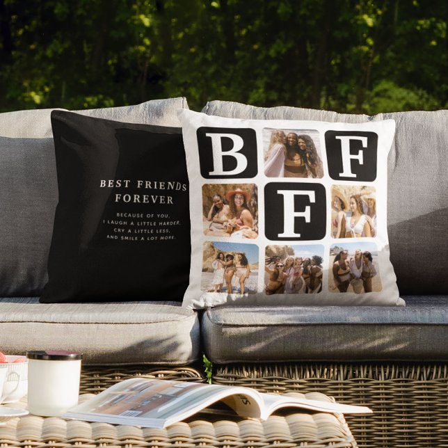 Modern Multi Photo Grid BFF Quote Zwart Kussen (Creator heeft geüpload)