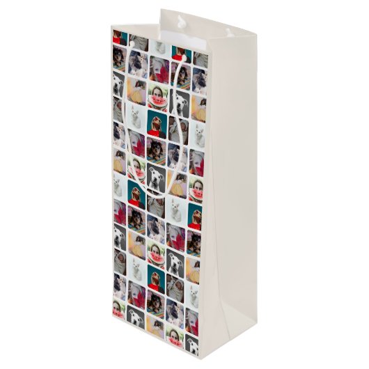 Modern Multi Photo Square Insta Pattern Wijn Cadeautas (Achterkant Gekanteld)