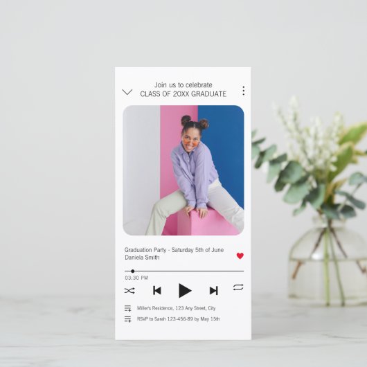 Modern Music Player Foto Afstuderen Uitnodiging (Staand voorkant)