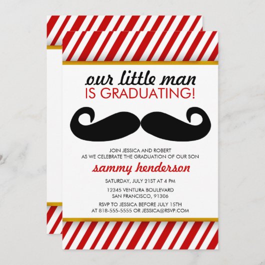 Modern Mustache Boy Afstuderen Invitation Kaart (Voorkant / Achterkant)