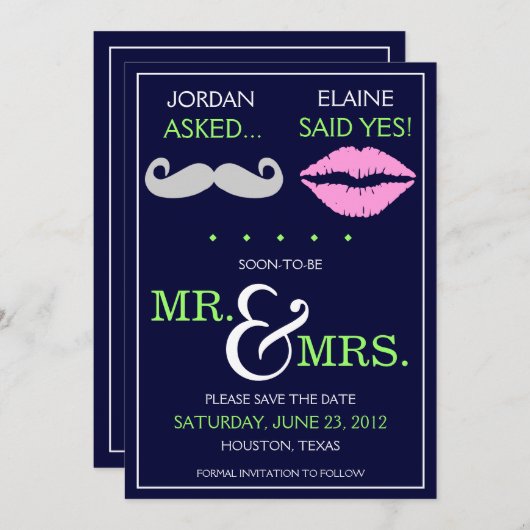 Modern Mustache Lips Mr. & Mrs Save the Date (Voorkant / Achterkant)