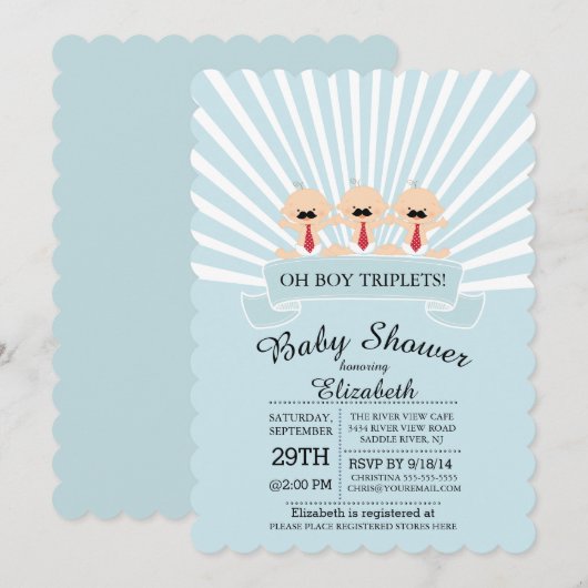 Modern Mustache Triplet Boy Baby shower Uitnodigin Kaart (Voorkant / Achterkant)