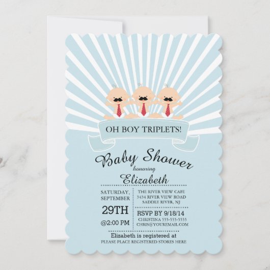 Modern Mustache Triplet Boy Baby shower Uitnodigin Kaart (Voorkant)