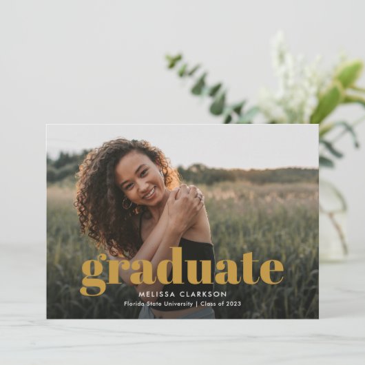 Modern Mustard Script met drie Afstuderen foto's Aankondiging (Staand voorkant)
