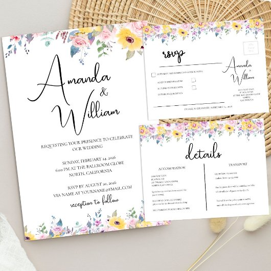 Modern Mustard Yellow and Lavender Floral Wedding Kaart