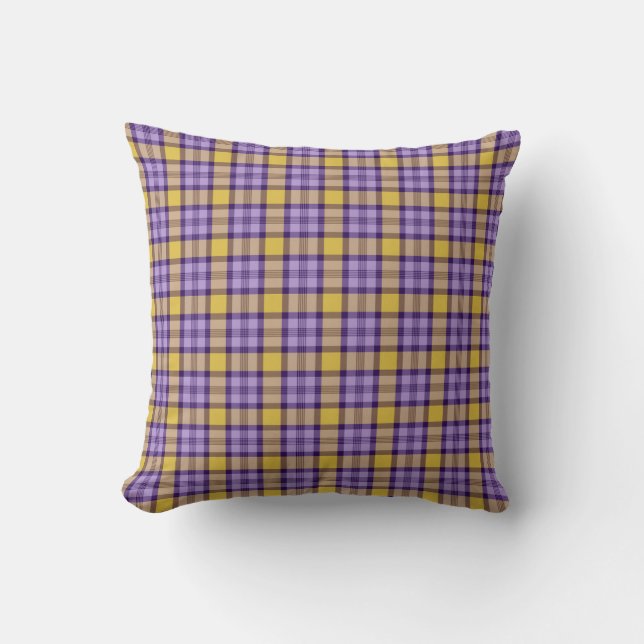 Modern Mustard Yellow and Lavender Purple Plaid Th Kussen (Voorkant)