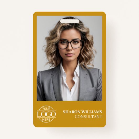 Modern Mustard Yellow Employee Photo Company Logo Badge (Voorkant)