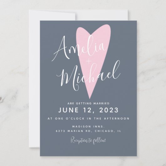 Modern Muted Blue Pink Heart Wedding Kaart (Voorkant)