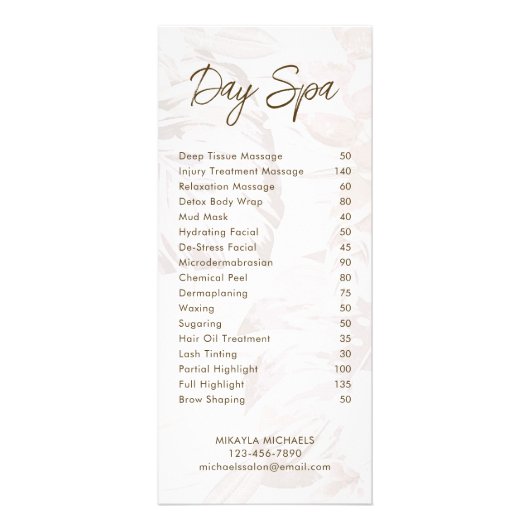 Modern Muted Mauve Palms Spa and Salon Price List Reclamekaart (Voorkant)