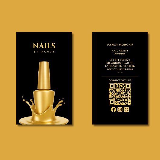 Modern Nail salon QR Code Black And Gold Visitekaartje