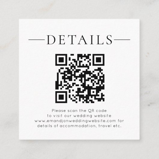 Modern Names QR Code Black White Wedding Details Informatiekaartje (Achterkant)