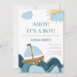 Modern Nautical Blue Boat Baby shower Kaart