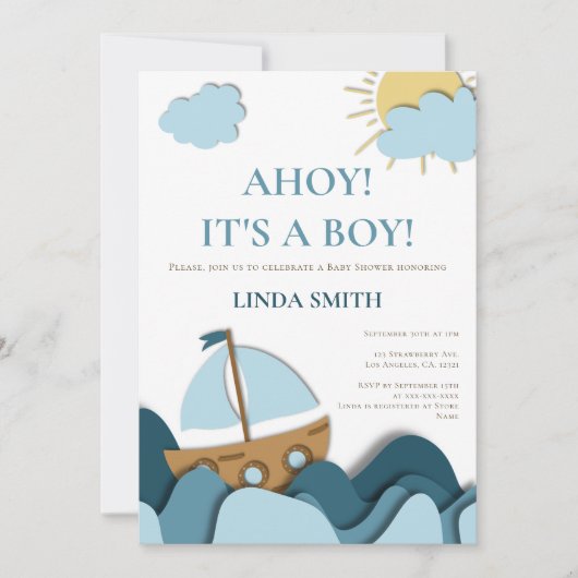 Modern Nautical Blue Boat Baby shower Kaart (Voorkant)