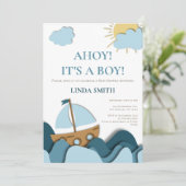 Modern Nautical Blue Boat Baby shower Kaart (Staand voorkant)