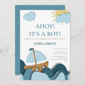 Modern Nautical Blue Boat Baby shower Kaart (Voorkant / Achterkant)