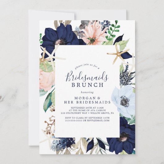 Modern Nautical | Floral Bridesmaids Brunch Kaart (Voorkant)