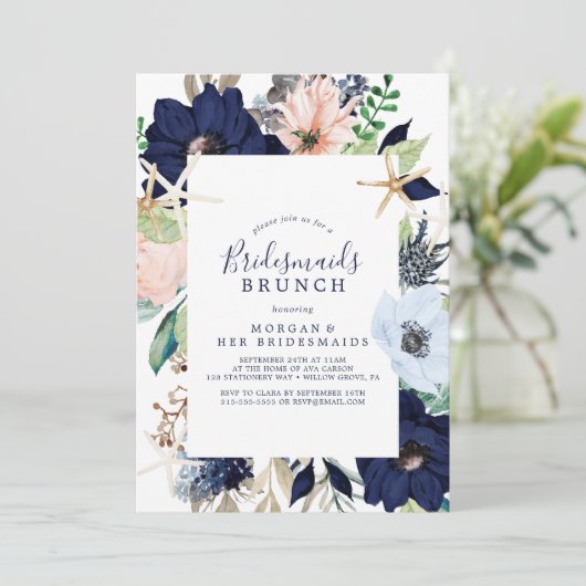 Modern Nautical | Floral Bridesmaids Brunch Kaart (Staand voorkant)