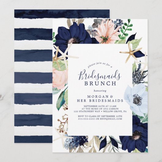 Modern Nautical | Floral Bridesmaids Brunch Kaart (Voorkant / Achterkant)