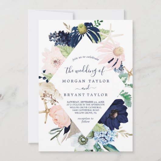 Modern Nautical | Floral Diamond Geometric Wedding Kaart (Voorkant)