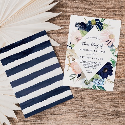 Modern Nautical | Floral Diamond Geometric Wedding Kaart