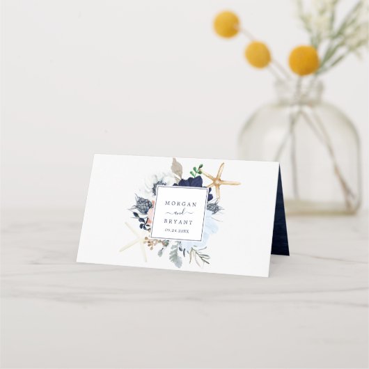 Modern Nautical | Floral Folded Wedding Plaatskaartje (Achterkant)