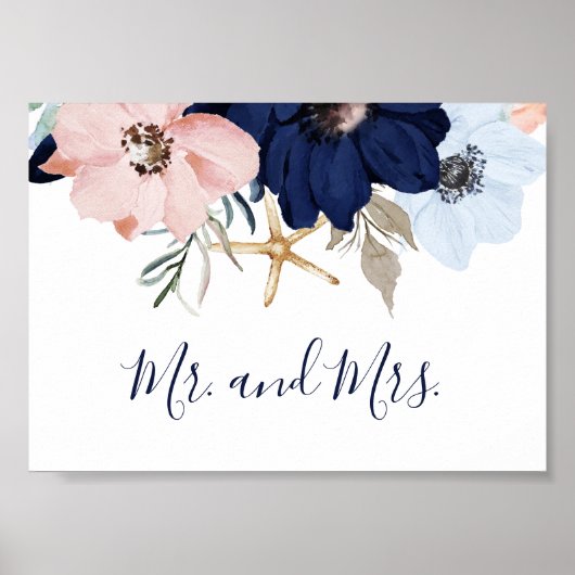Modern Nautical | Floral Mr. en Mrs. Wedding Sign Poster (Voorkant)