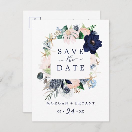 Modern Nautical | Floral Save the Date Briefkaart (Voorkant / Achterkant)