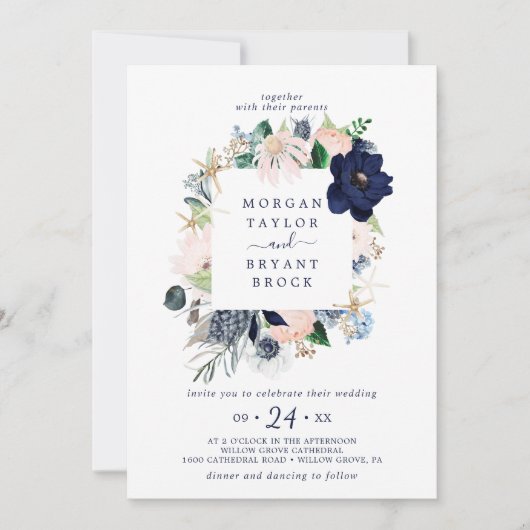 Modern Nautical | Floral Square Lijst Weddenschap Kaart (Voorkant)