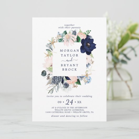 Modern Nautical | Floral Square Lijst Weddenschap Kaart (Staand voorkant)