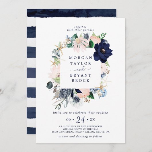 Modern Nautical | Floral Square Lijst Weddenschap Kaart (Voorkant / Achterkant)